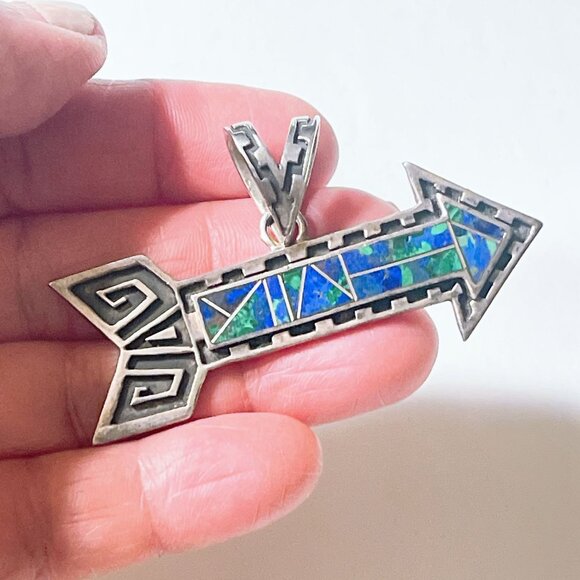 Sterling Silver Arrow Pendant With Blue & Green Stone Inlay Native American Styl - Picture 5 of 8